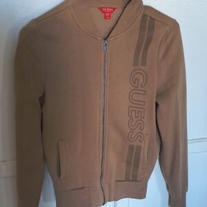 GUESS Tan Zip-Up Logo Bomber Jacket